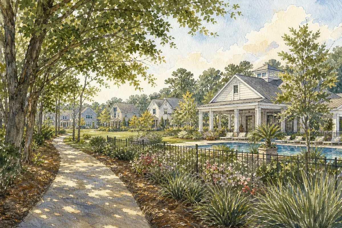 Watercolor illustration inspired by Del Webb Mallory Creek in Leland, NC