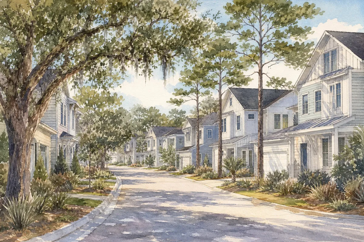 Watercolor illustration inspired by Gateway Commons in Holly Ridge, NC