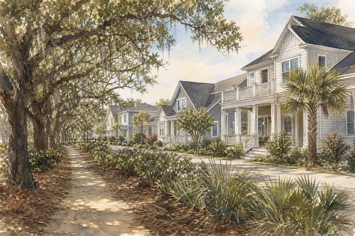 Watercolor illustration inspired by Indigo at Abbey Preserve in Wilmington, NC