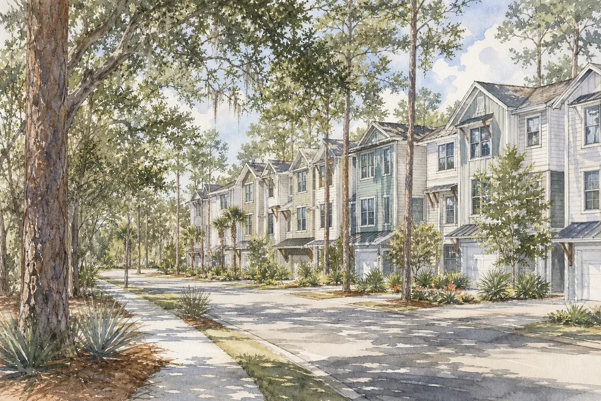 Watercolor illustration inspired by Jack's Branch Townhomes in Hubert, NC