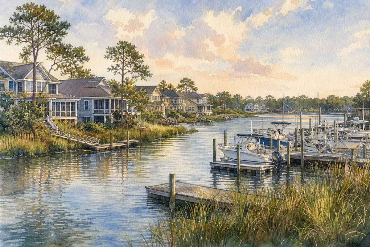 Watercolor illustration inspired by Kings Harbor in Holly Ridge, NC