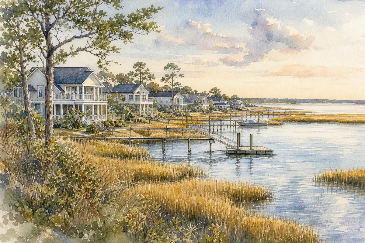 Watercolor illustration inspired by Marsh Haven Landing in Sneads Ferry, NC