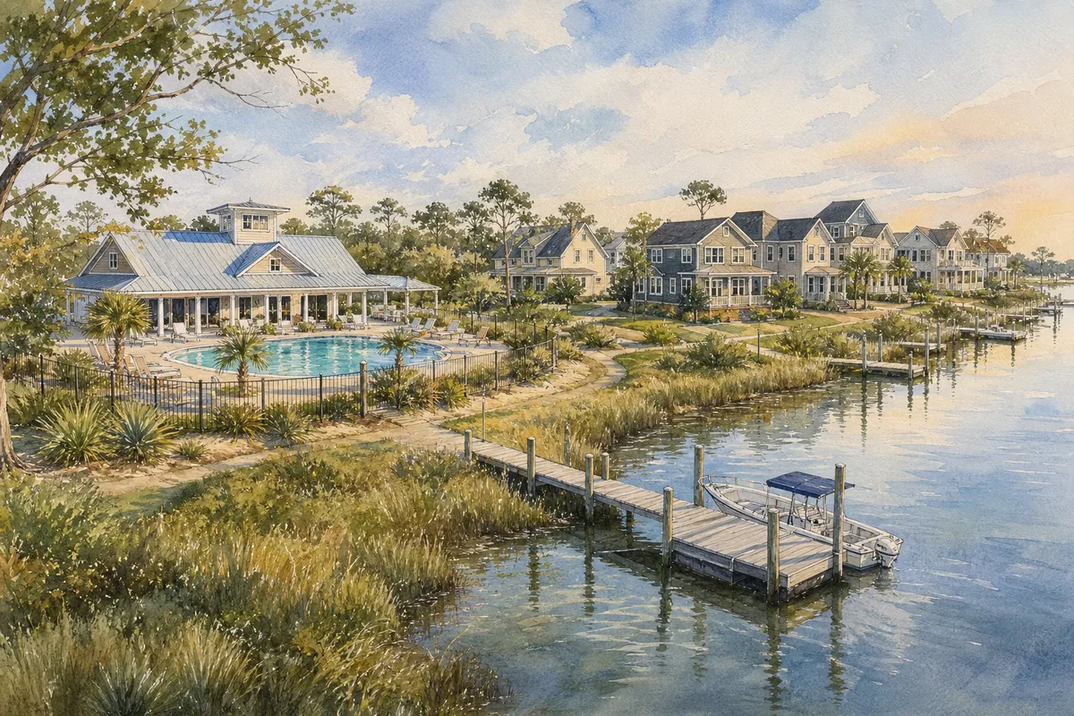 Watercolor illustration inspired by Salters Haven at Lea Marina in Hampstead, NC