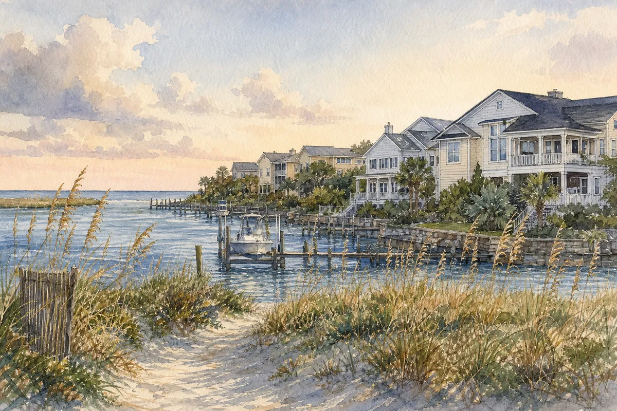 Watercolor illustration inspired by St James in Southport, NC