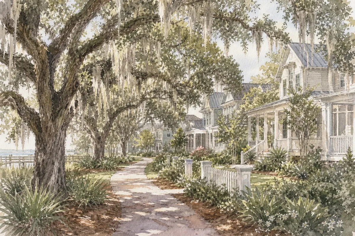 Watercolor illustration inspired by Waters at Southport in Southport, NC