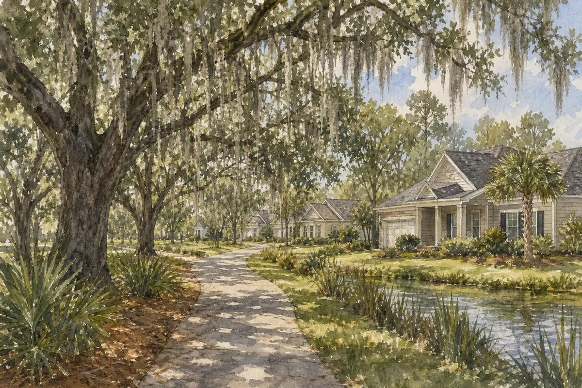 Watercolor illustration inspired by Williamsburg Plantation in Jacksonville, NC