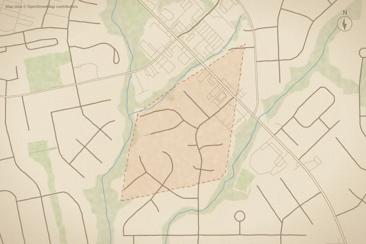 Watercolor map of Acorn Forest in Jacksonville, NC, showing its streets, water and surroundings