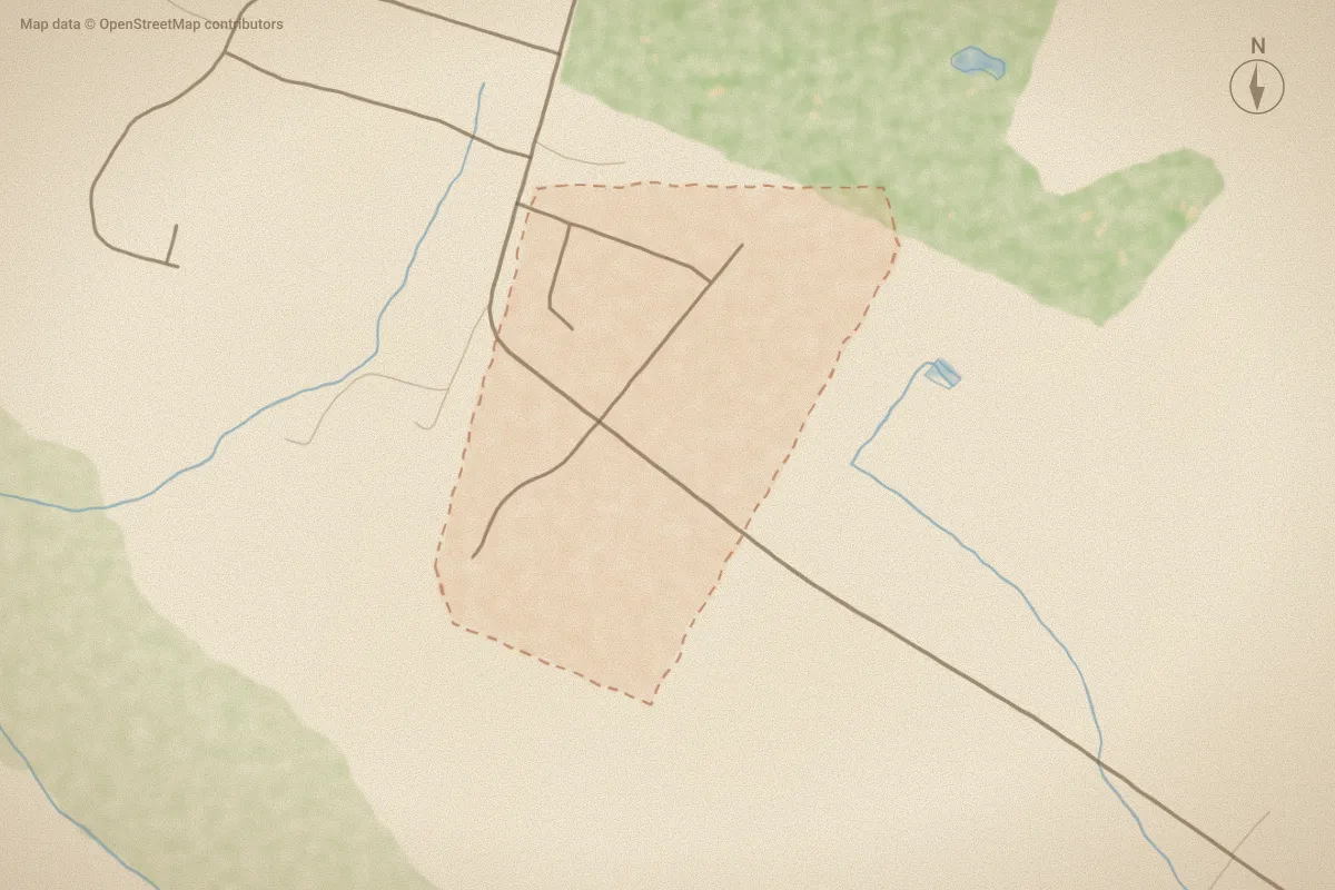 Watercolor map of Allen Park in Ayden, NC, showing its streets, water and surroundings