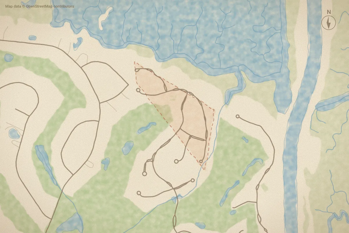 Watercolor map of Arboretum in Oak Island, NC, showing its streets, water and surroundings