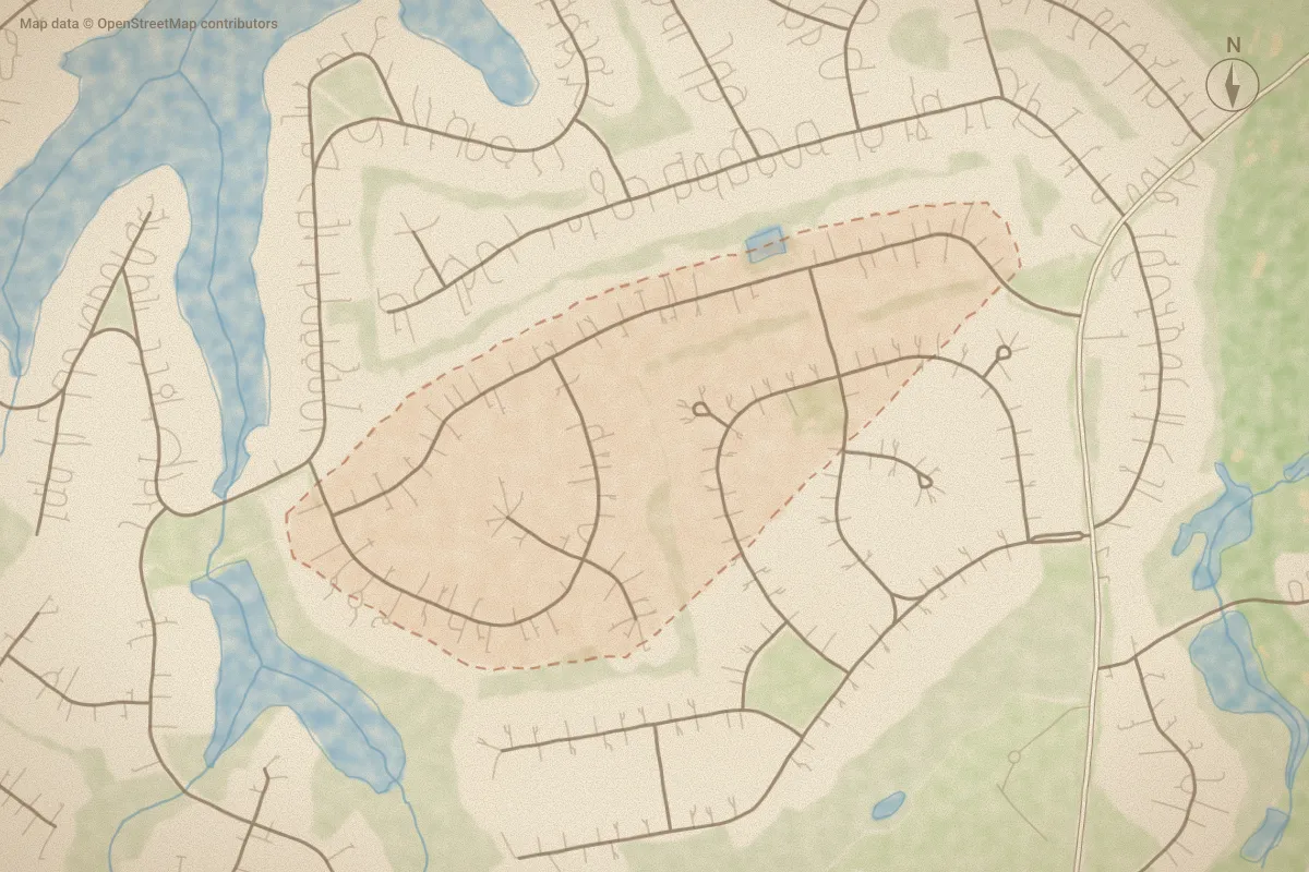 Watercolor map of Arrowstone in Whispering Pines, NC, showing its streets, water and surroundings