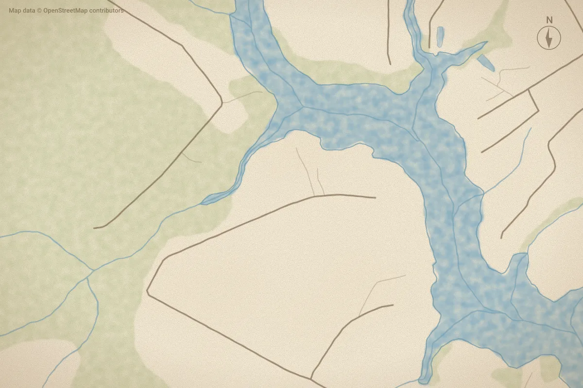 Watercolor map of Ashton Landing in Bath, NC, showing its streets, water and surroundings
