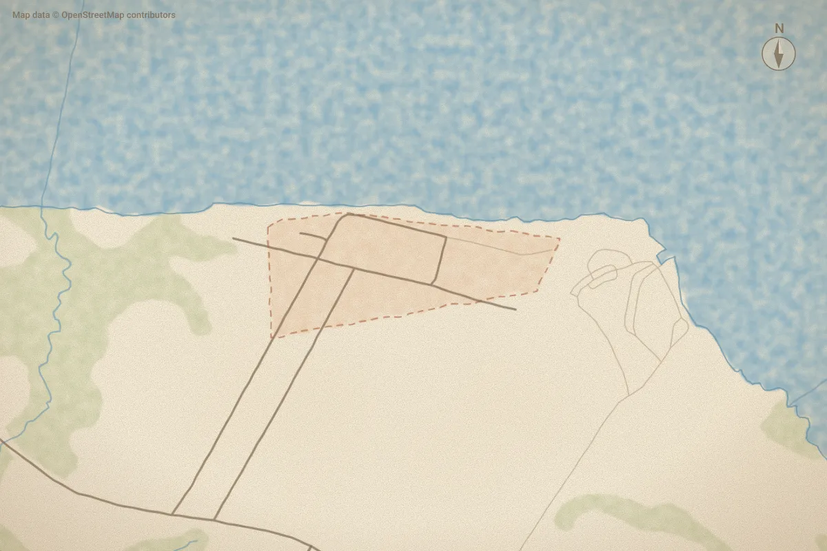Watercolor map of Aurora Beach in Aurora, NC, showing its streets, water and surroundings