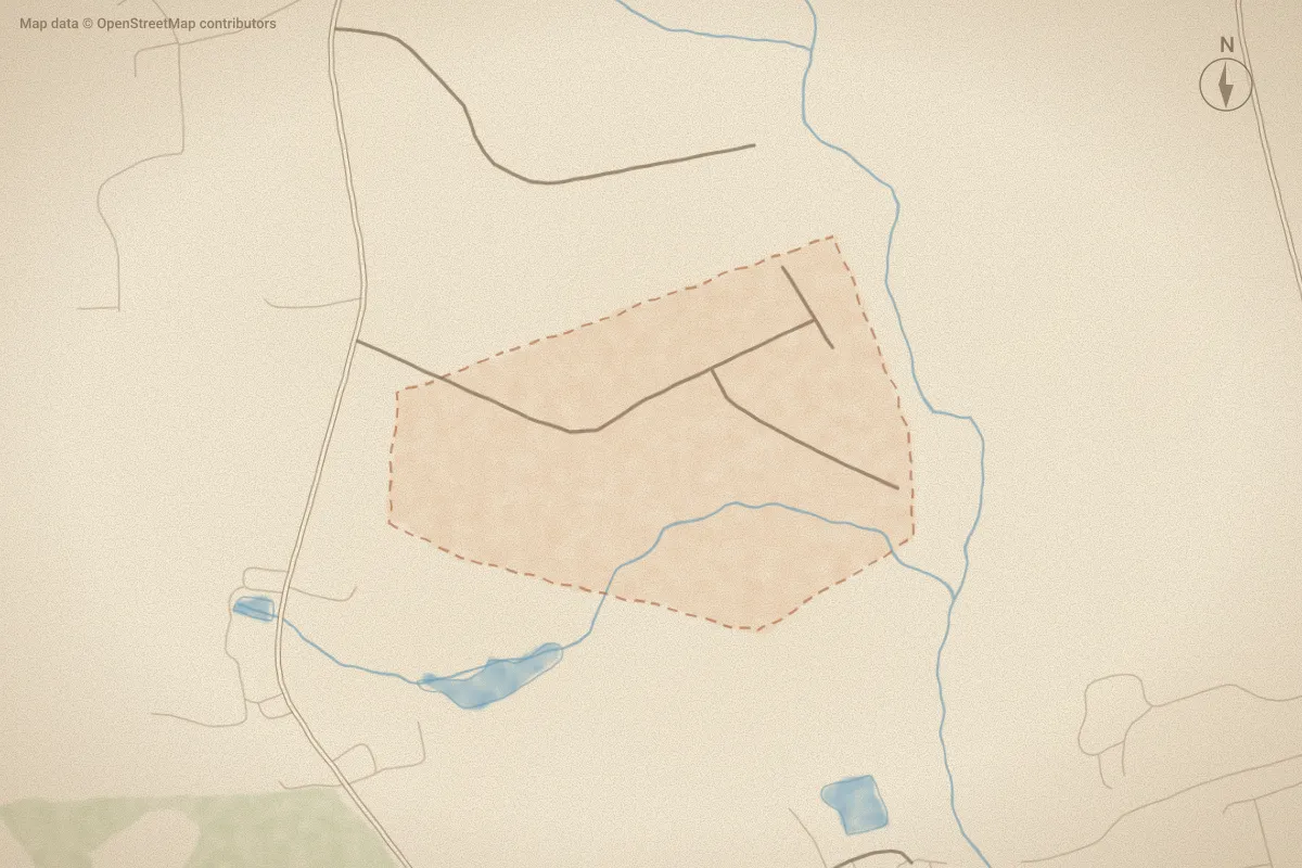 Watercolor map of Avery Landing in Smithfield, NC, showing its streets, water and surroundings