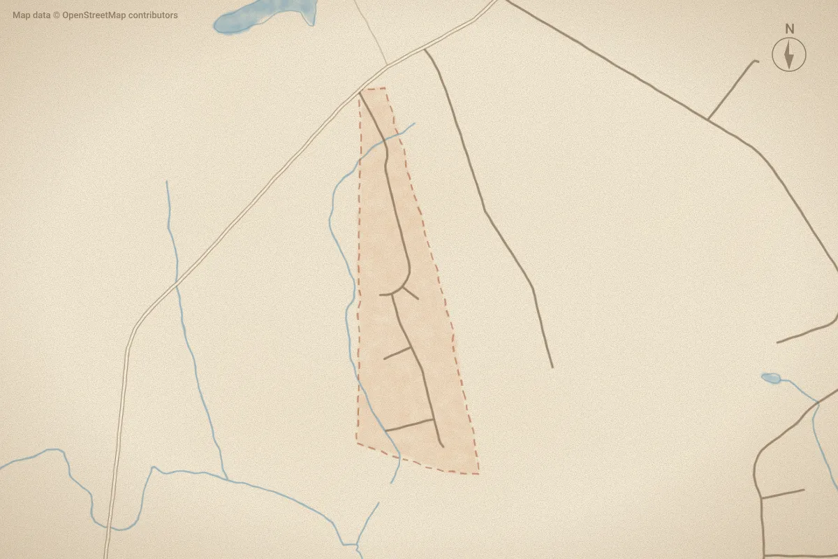 Watercolor map of Azalea Acres in Maysville, NC, showing its streets, water and surroundings