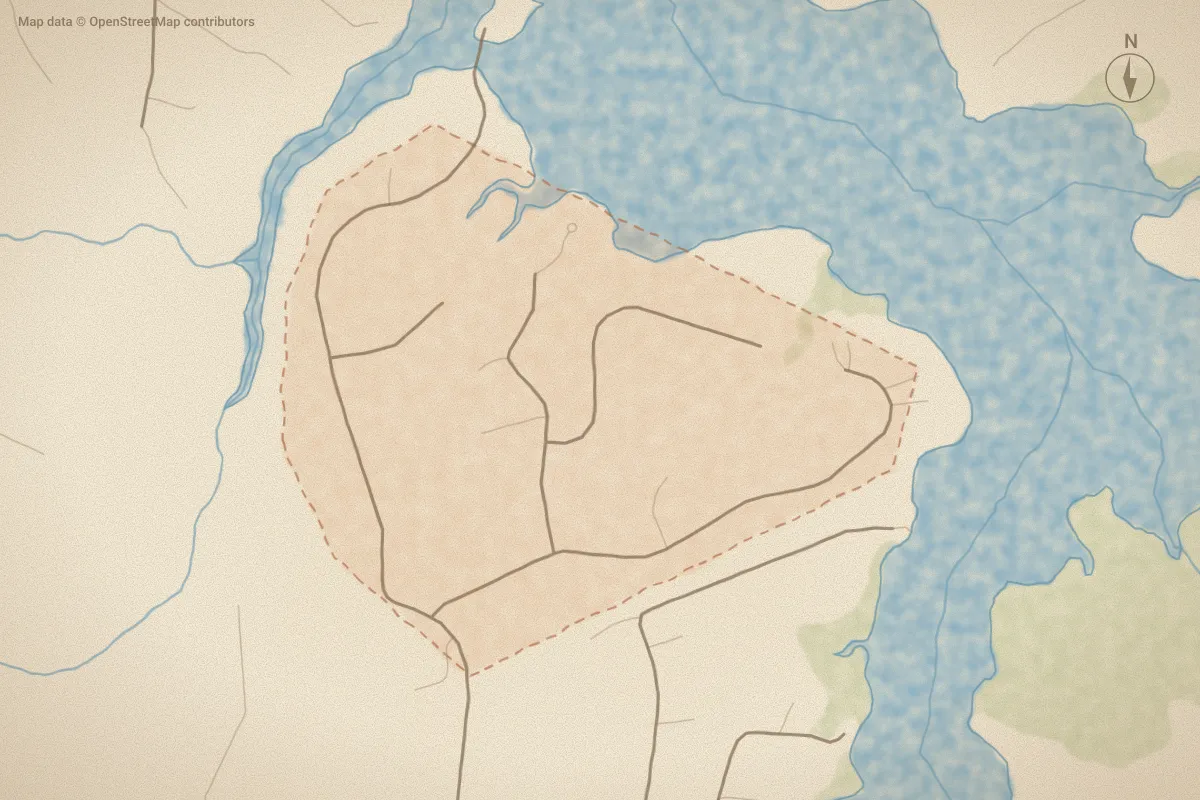 Watercolor map of Bay Harbour in Chocowinity, NC, showing its streets, water and surroundings