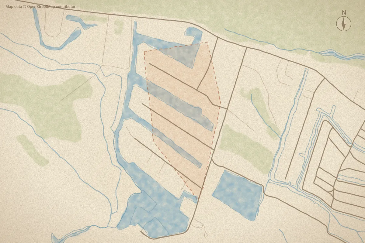 Watercolor map of Bay Lake in Chocowinity, NC, showing its streets, water and surroundings