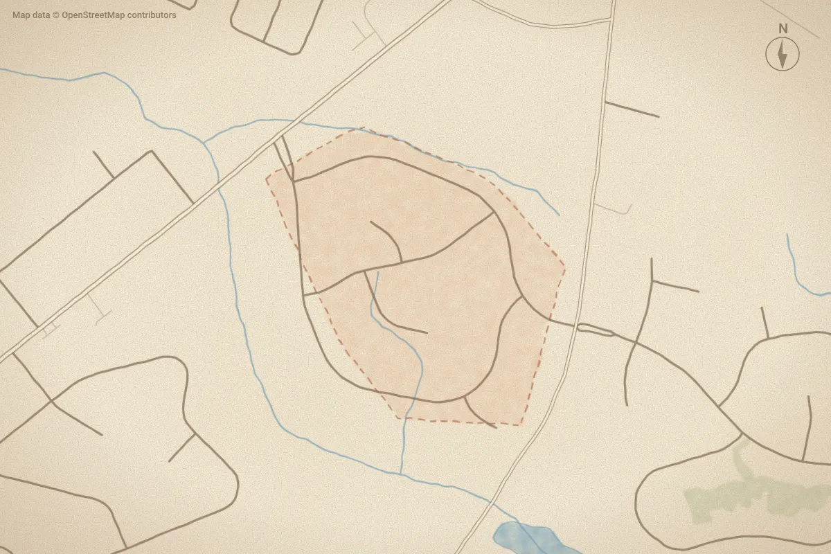 Watercolor map of Bayleaf in Goldsboro, NC, showing its streets, water and surroundings