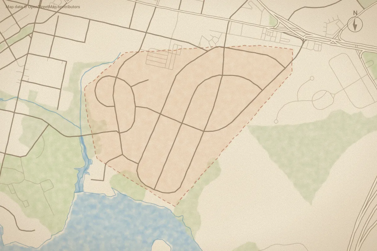 Watercolor map of Bayshore Estates in Jacksonville, NC, showing its streets, water and surroundings