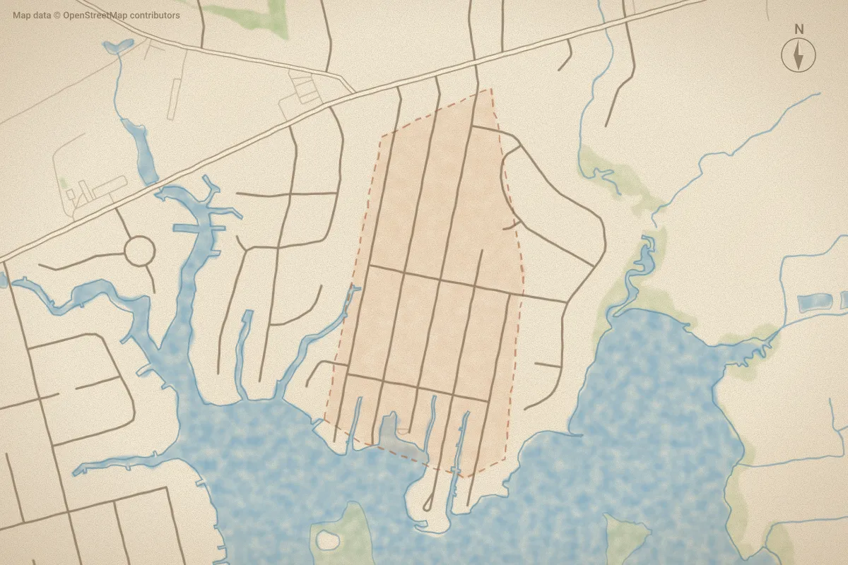 Watercolor map of Bayshore Park in Cape Carteret, NC, showing its streets, water and surroundings