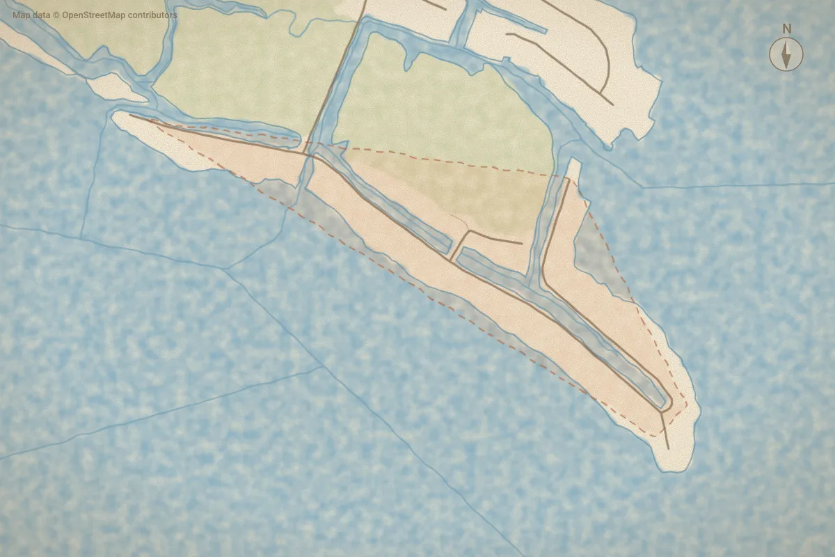 Watercolor map of Bayside Shores in Chocowinity, NC, showing its streets, water and surroundings
