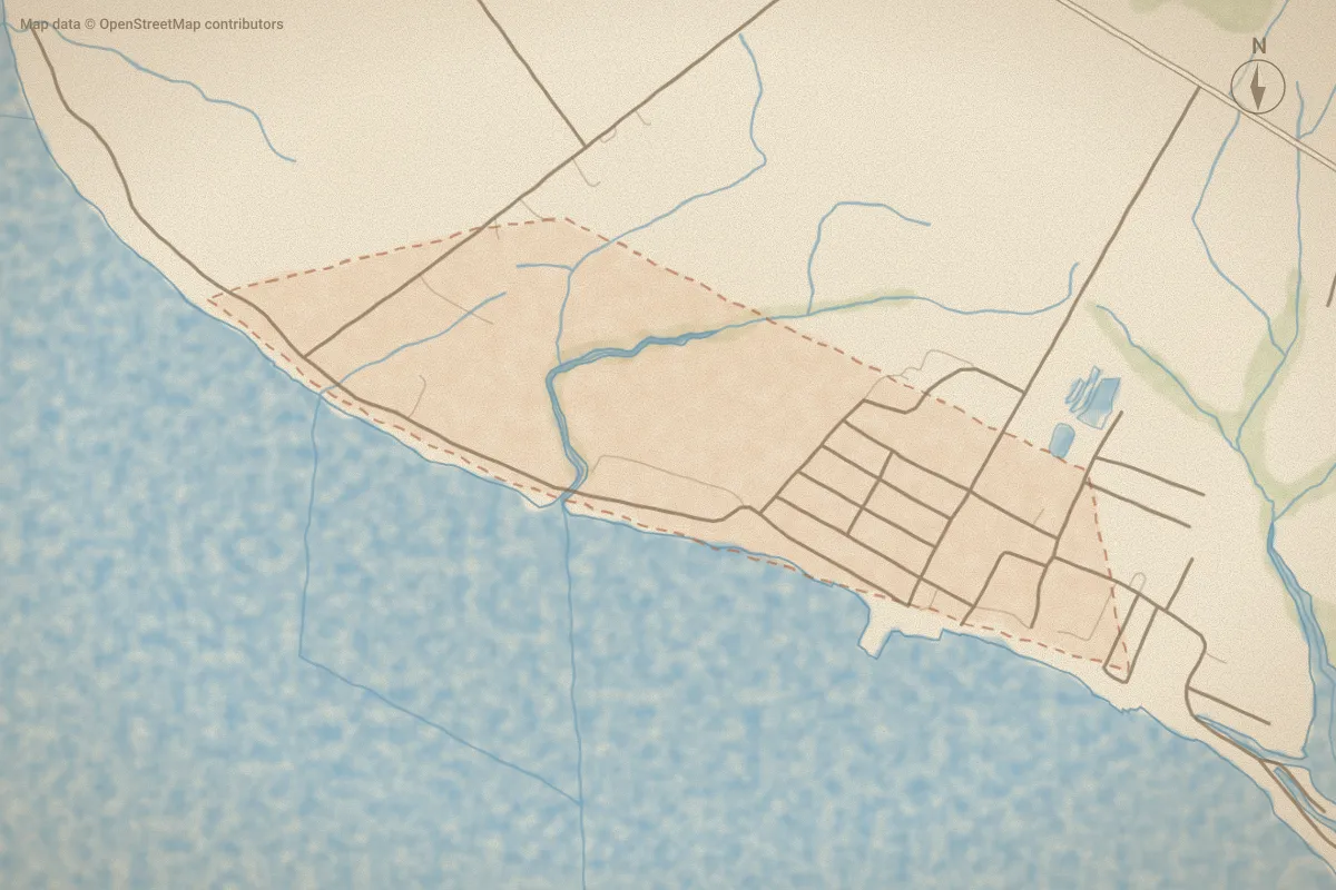 Watercolor map of Bayview in Bath, NC, showing its streets, water and surroundings