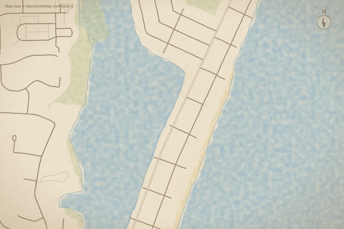 Watercolor map of Bayview Manor in Carolina Beach, NC, showing its streets, water and surroundings