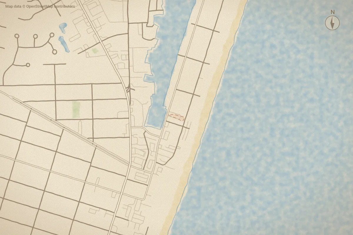 Watercolor map of Beach Harbour in Carolina Beach, NC, showing its streets, water and surroundings
