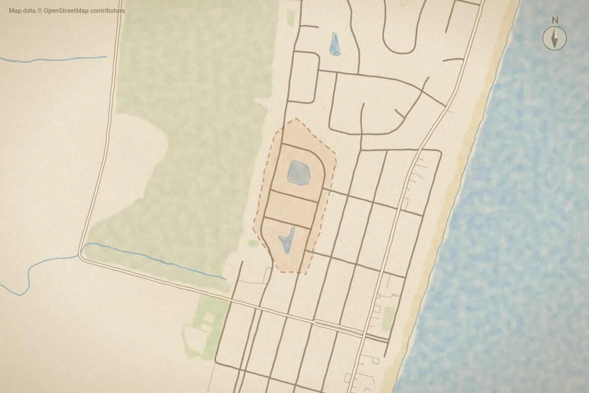Watercolor map of Beachwalk in Kure Beach, NC, showing its streets, water and surroundings