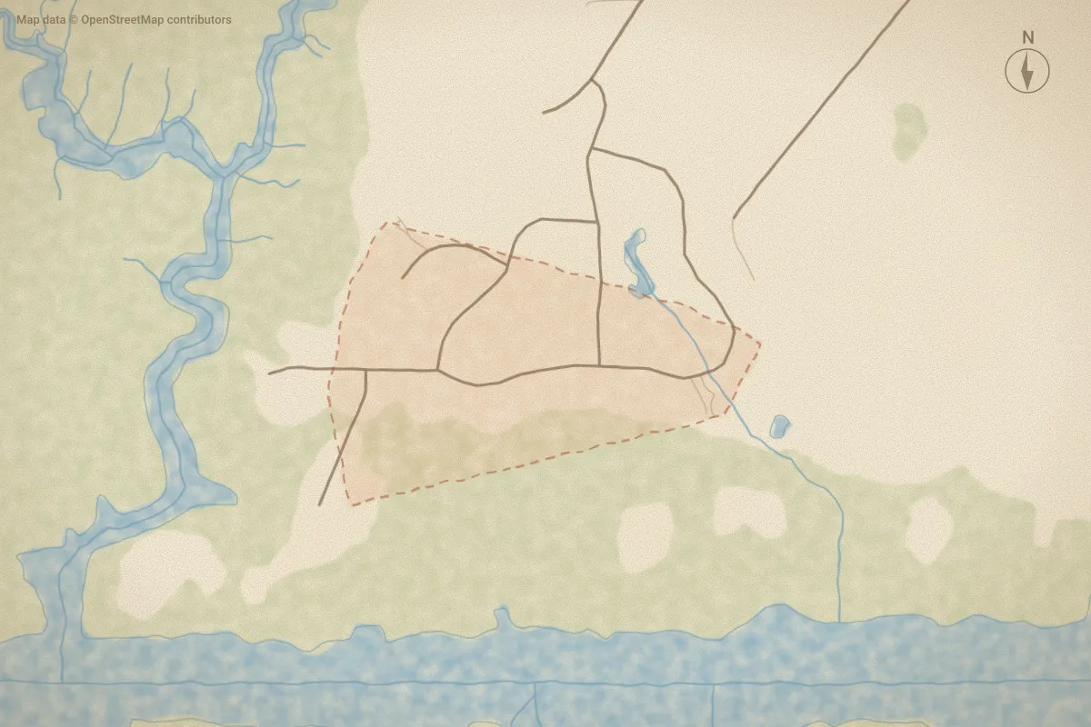Watercolor map of Beaver Creek Plantation in Southport, NC, showing its streets, water and surroundings