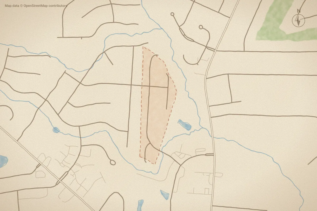 Watercolor map of Beaver Pond in Rocky Mount, NC, showing its streets, water and surroundings