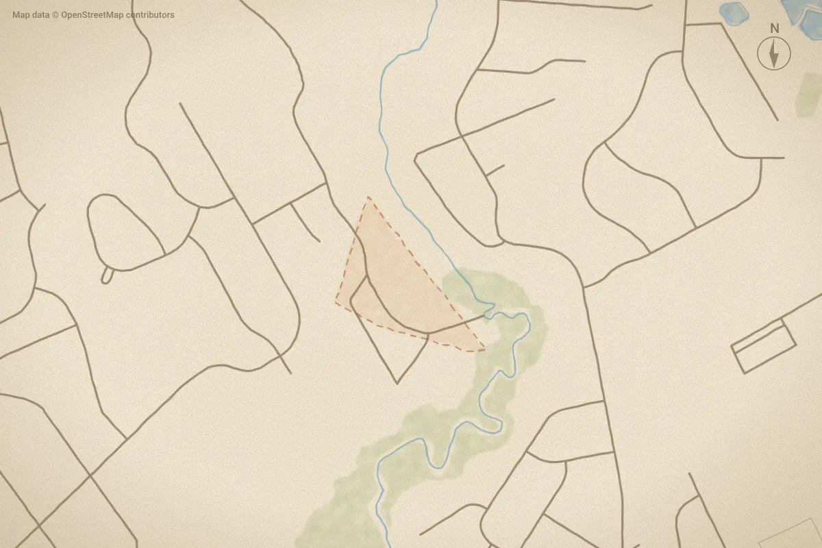 Watercolor map of Beckys Creek in Hampstead, NC, showing its streets, water and surroundings