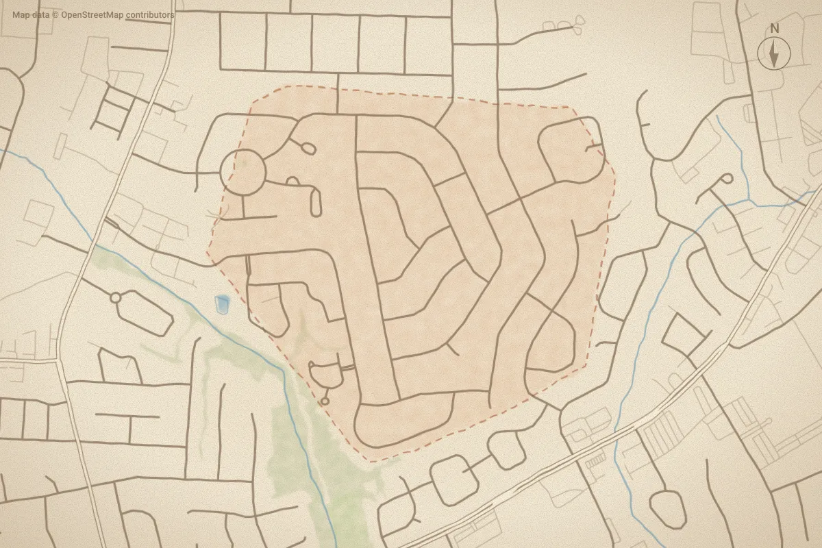 Watercolor map of Bedford in Greenville, NC, showing its streets, water and surroundings