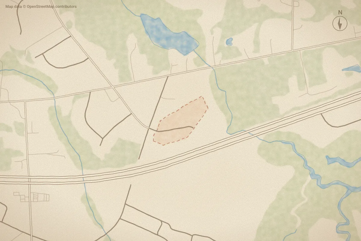 Watercolor map of Bell Ridge in Hubert, NC, showing its streets, water and surroundings