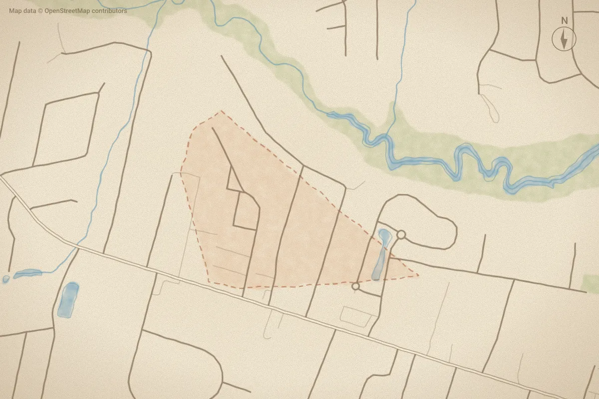 Watercolor map of Bellamy Place Townhomes in Leland, NC, showing its streets, water and surroundings