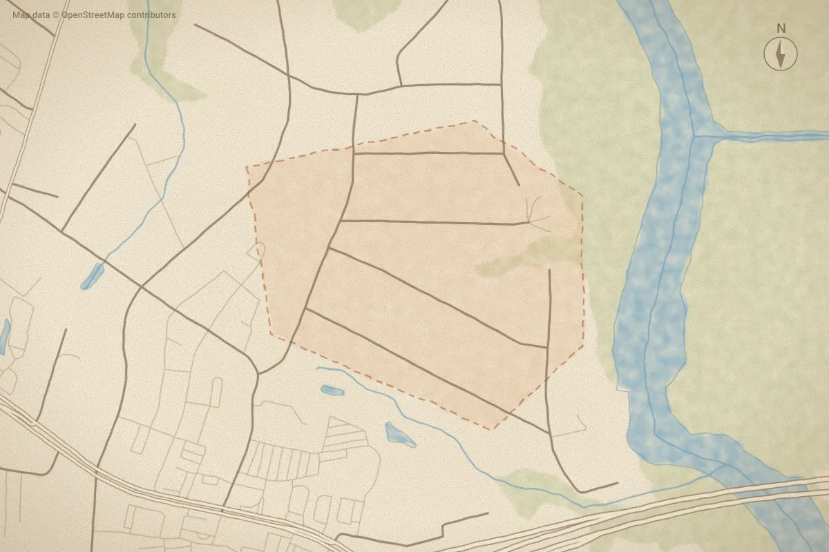 Watercolor map of Belvedere Heights in Leland, NC, showing its streets, water and surroundings