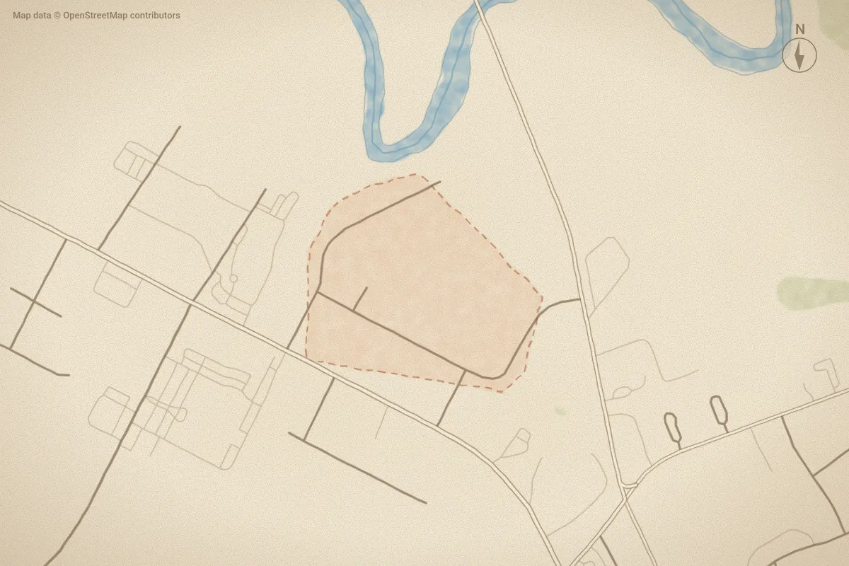 Watercolor map of Belvedere in Tarboro, NC, showing its streets, water and surroundings