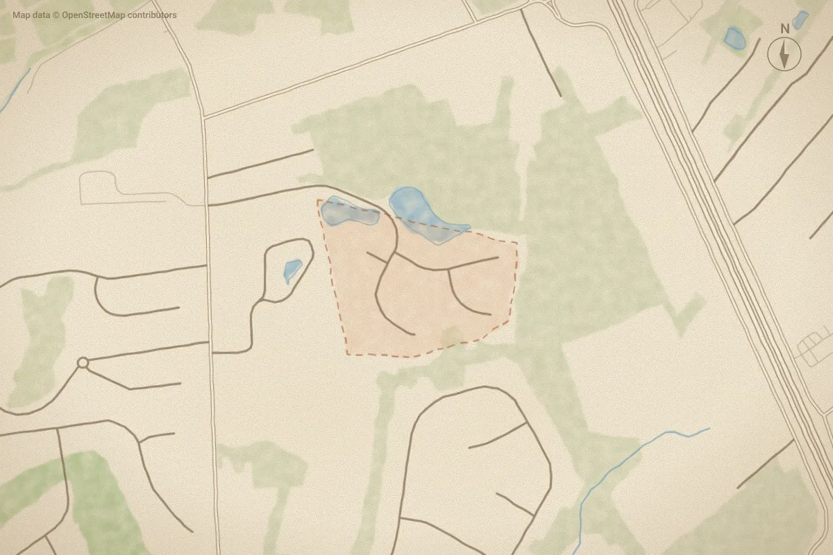 Watercolor map of Berne Glade in New Bern, NC, showing its streets, water and surroundings
