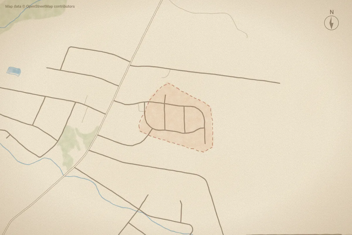 Watercolor map of Bethesda Pines in Aberdeen, NC, showing its streets, water and surroundings