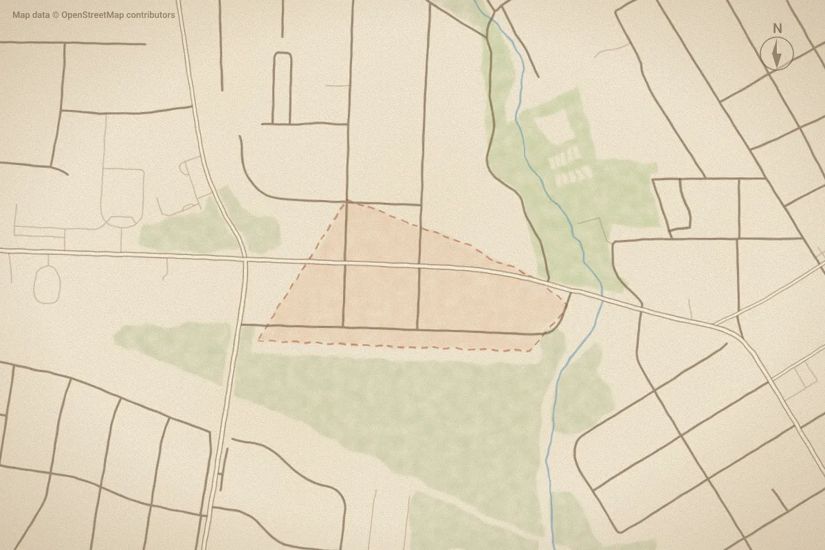 Watercolor map of Beverly Hills in Wilson, NC, showing its streets, water and surroundings