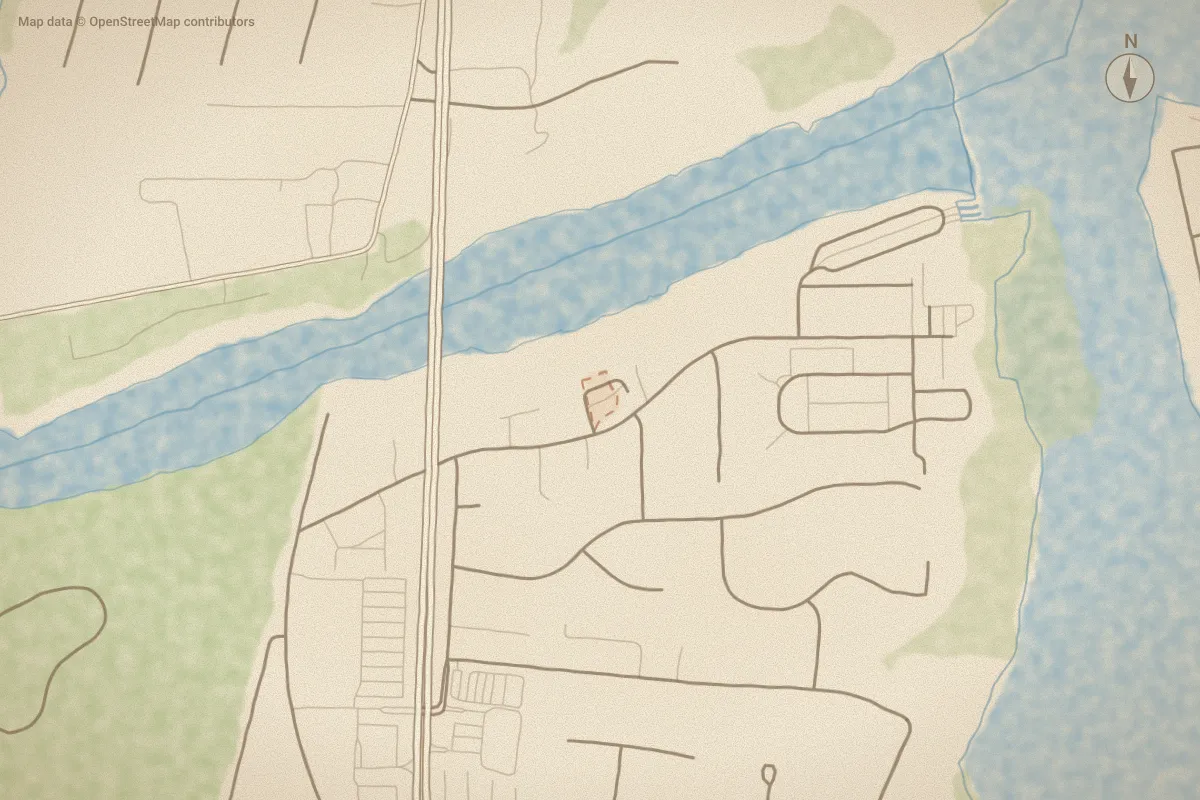 Watercolor map of Bimini Townes TwnHms in Carolina Beach, NC, showing its streets, water and surroundings