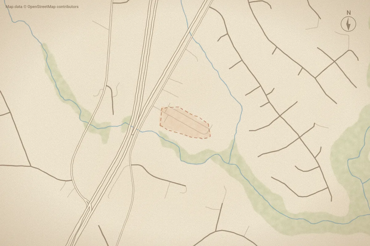 Watercolor map of Bishops Ridge in Leland, NC, showing its streets, water and surroundings