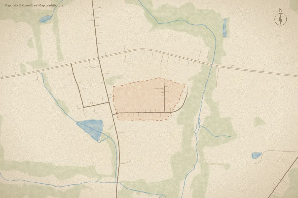 Watercolor map of Blanch Fields in Lucama, NC, showing its streets, water and surroundings