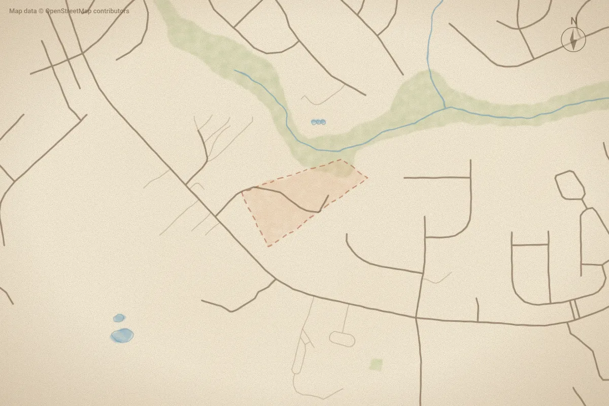 Watercolor map of Blue Heron Estates in Hubert, NC, showing its streets, water and surroundings