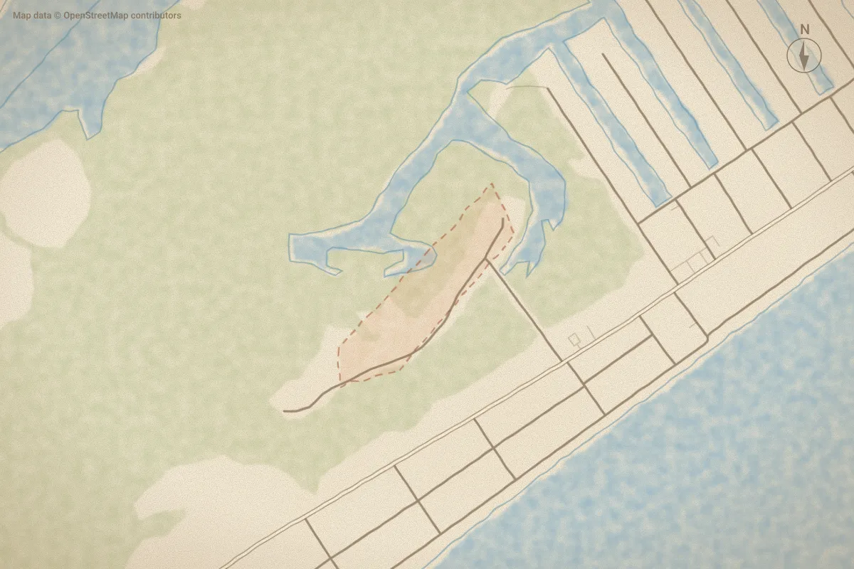 Watercolor map of Boca Bay in Surf City, NC, showing its streets, water and surroundings