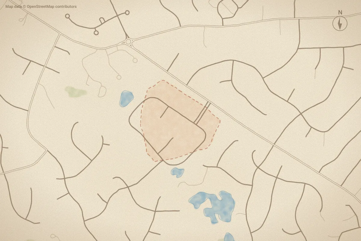 Watercolor map of Brandywine in Wilmington, NC, showing its streets, water and surroundings