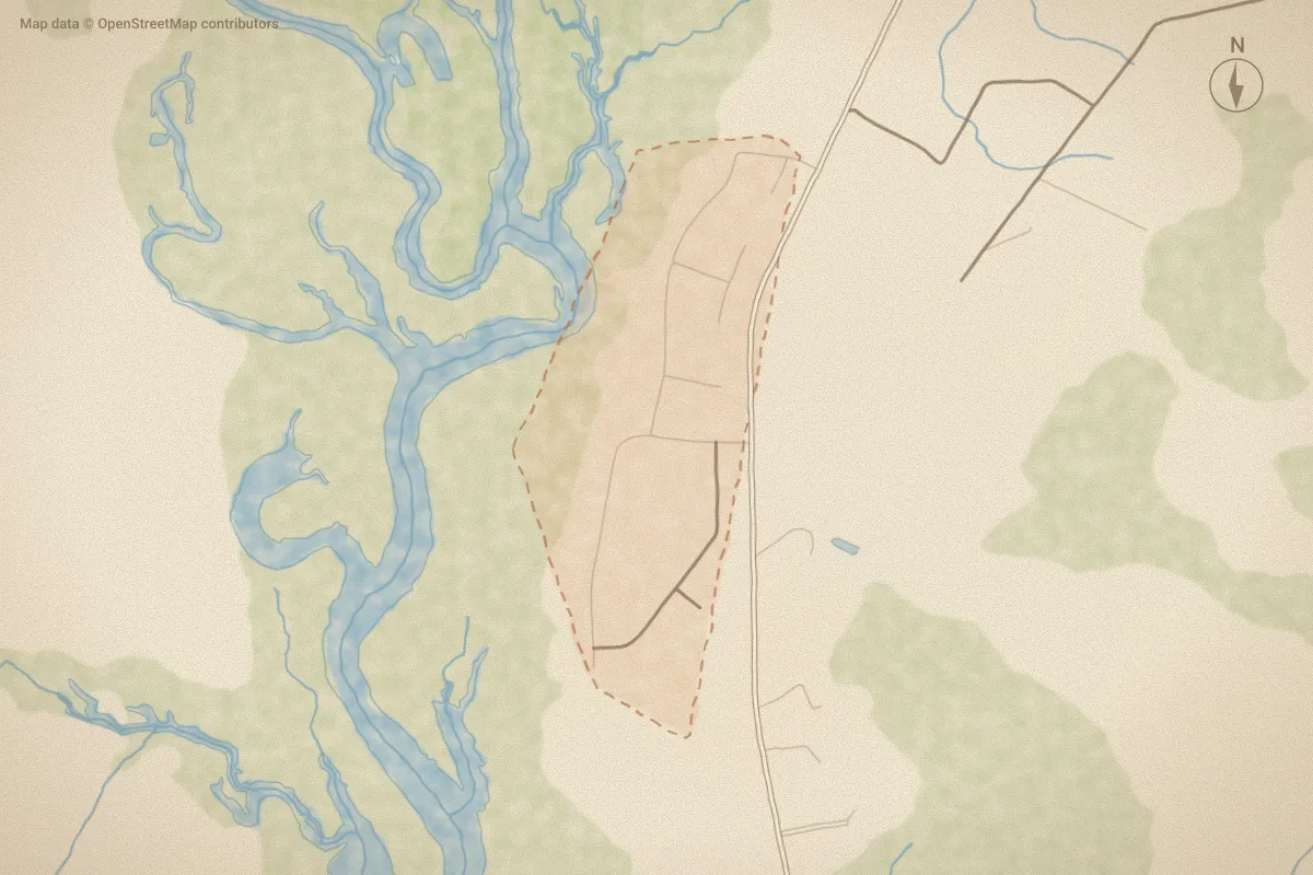 Watercolor map of Brick Chimney Landing in Rocky Point, NC, showing its streets, water and surroundings