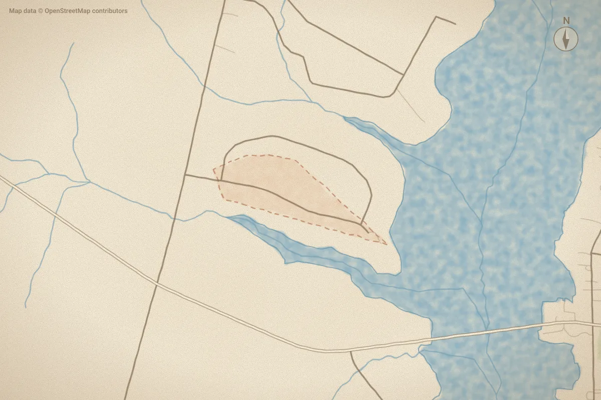Watercolor map of Bridgewater South in Bath, NC, showing its streets, water and surroundings