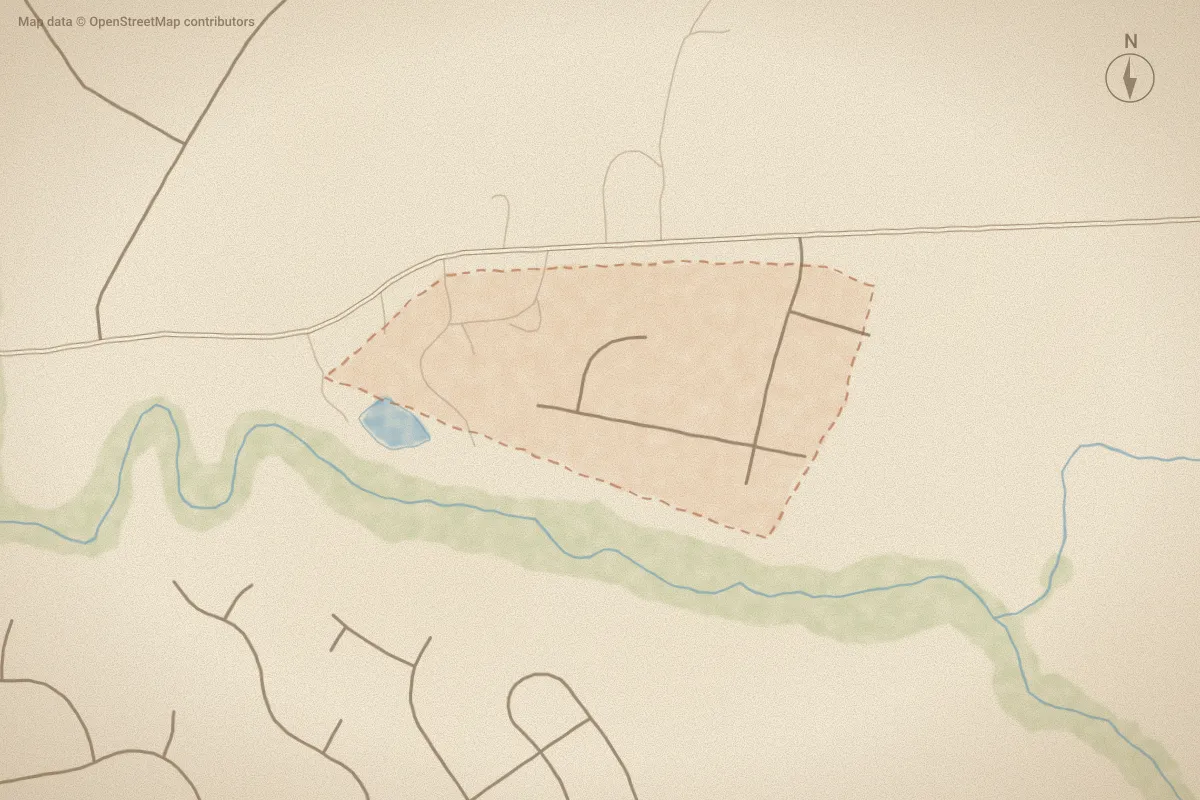 Watercolor map of Brook Ridge in Jacksonville, NC, showing its streets, water and surroundings