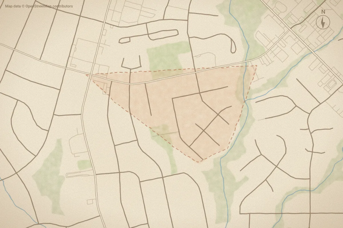 Watercolor map of Brook Valley in Jacksonville, NC, showing its streets, water and surroundings