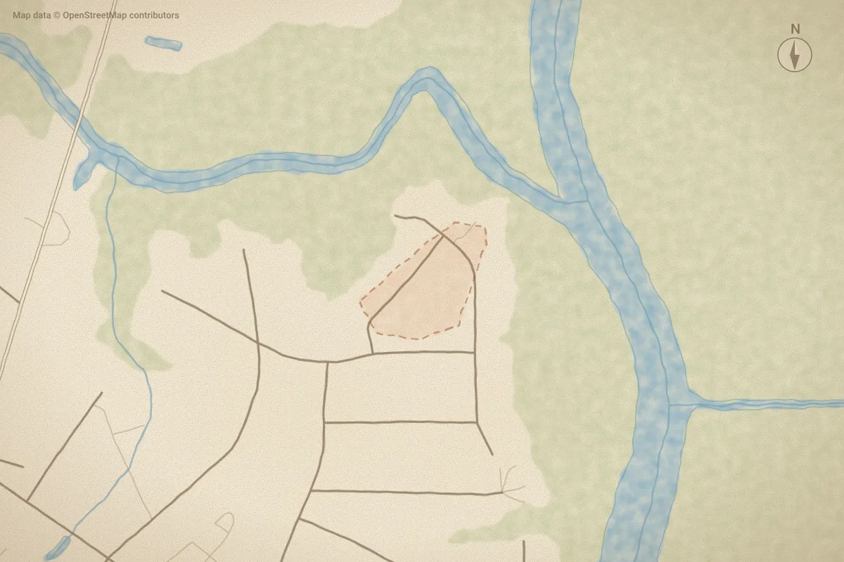 Watercolor map of Brookhaven in Leland, NC, showing its streets, water and surroundings